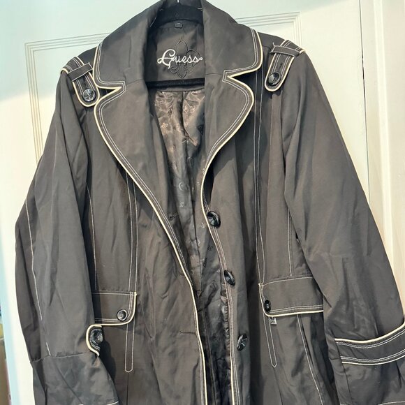 Guess Black Trench Coat with White Piping and Belt 3x - Picture 1 of 6